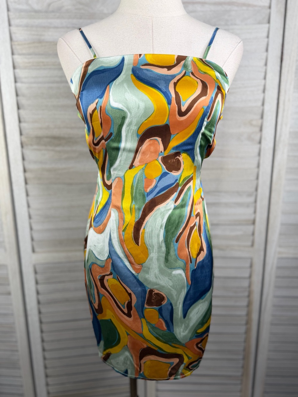INTU Colorful Abstract Swirl Strappy Satin Mini Slip Dress Retro Y2K Vibes-Small